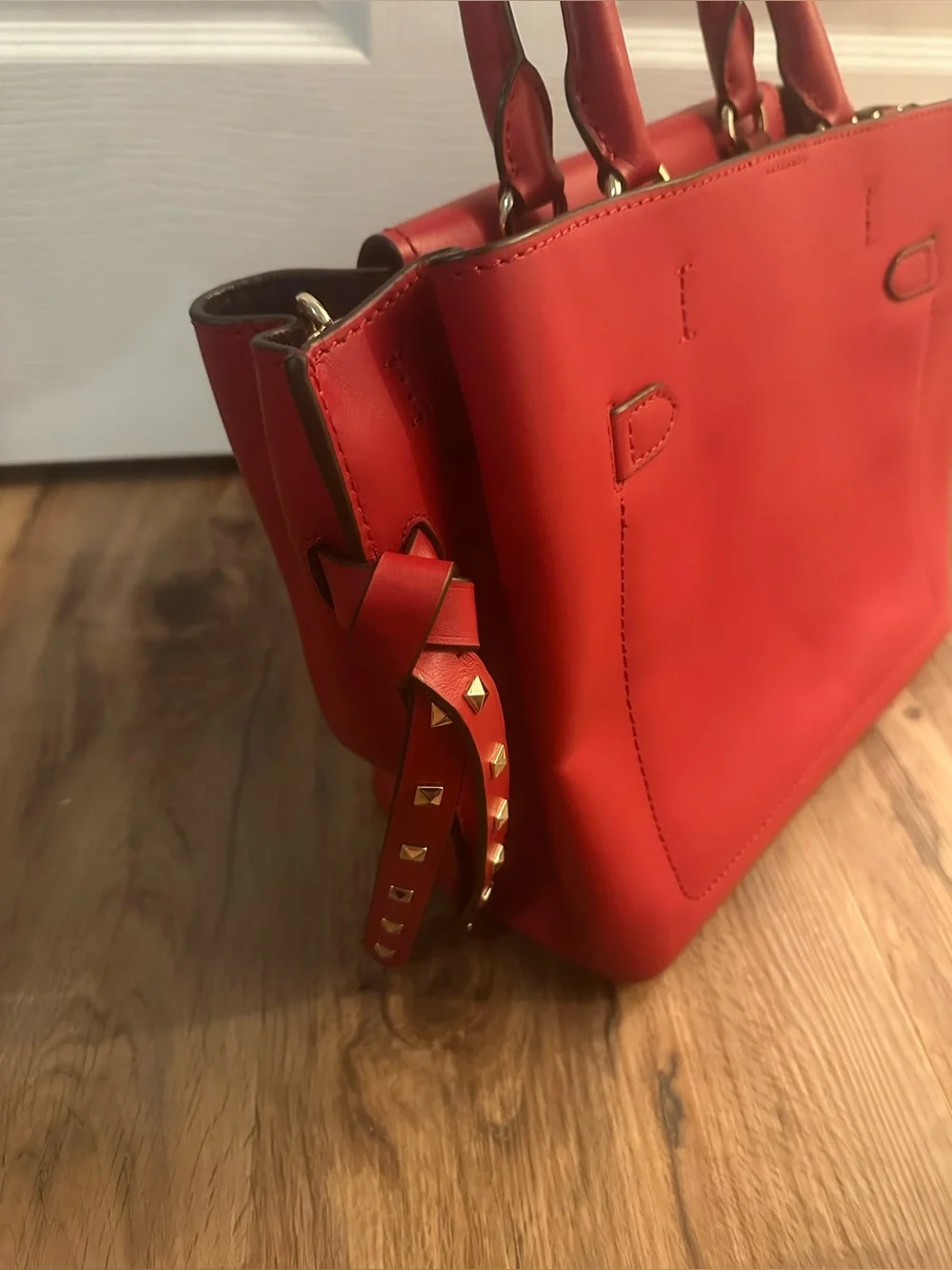Michael Kors Red Leather Satchel with Gold Chain and Stud Accents